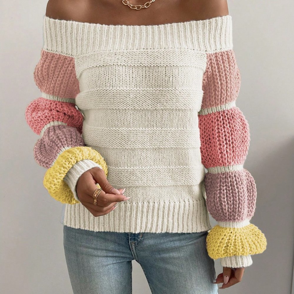 Apricot Casual Womens Off Shoulder Colorblock Virago Sleeve Sweater - Picture 5 of 5